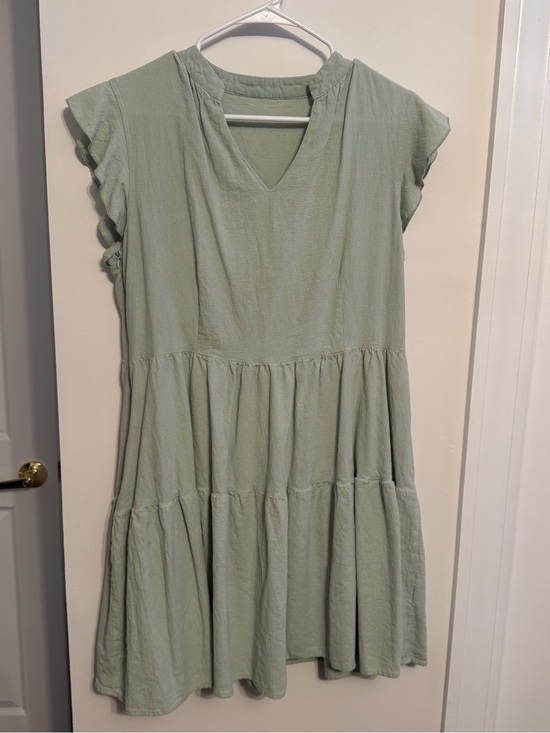 None Dresses & Skirts - Light Sage Green Tiered V-Neck Mini Dress